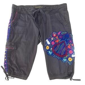 Upcycled Embroidered Patchwork Cargo Shorts BOHO Art Deco Gaudy Chic Women SZ 11